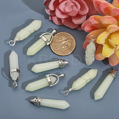 9Pcs 9 Styles Synthetic Luminous Stone Double Terminal Pointed Pendants G-CA0001-72-1