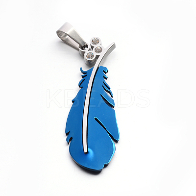 304 Stainless Steel Rhinestone Large Feather Pendants STAS-E090-88-1