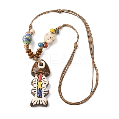Ceramic Fish Pendant Adjustable Waxed Cord Necklaces for Women NJEW-B146-02-1