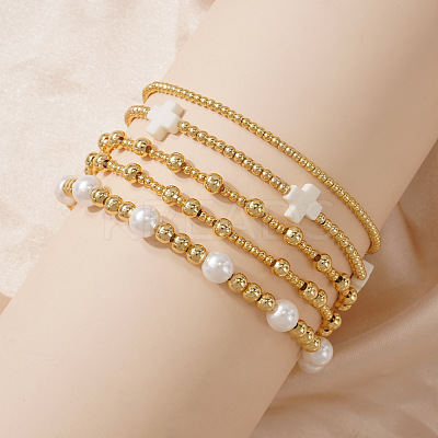 5Pcs 5 Styles Brass & Resin Imitation Pearl Round Beads Stretch Jewelry for Women YN2620-1-1