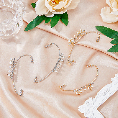 4Pcs 4 Style Crystal Rhinestone Curved Bar Cuff Earrings with Imitation Pearl Beaded EJEW-HY0001-04-1