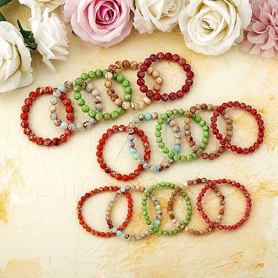 3Pcs 3 Size Synthetic Imperial Jasper Round Beaded Stretch Bracelets Set BJEW-SW00064-25-1