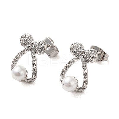 Bowknot Brass Micro Pave Clear Cubic Zirconia Stud Earrings EJEW-A040-01P-1