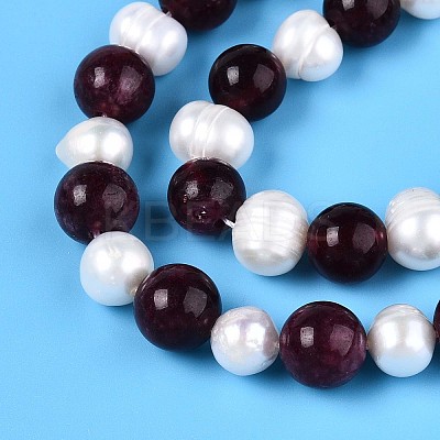 Dyed Natural Garnet Round & Natural Cultured Freshwater Pearl Grooved Potato Beads Strands PEAR-N019-12-1