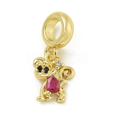 Rack Plating Brass Pave Cubic Zirconia Monkey European Dangle Charms KK-Z067-50G-02-1