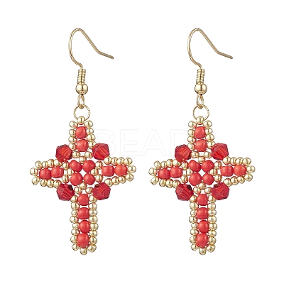 304 Stainless Steel Glass Seeds Cross Dangle Earrings EJEW-MZ00506-02-1