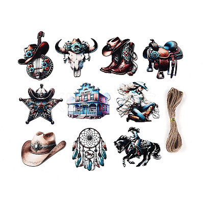 30Pcs West Cowboy Theme UV Single Face Printed Wood Pendant Decorations WOOD-N020-07-1