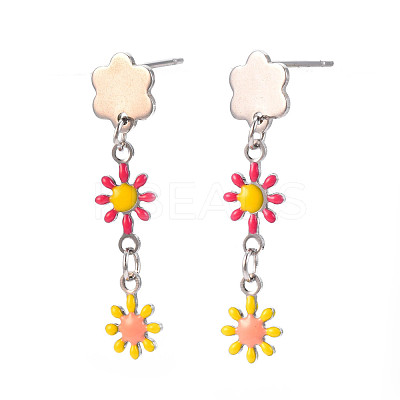 Enamel Flower Long Dangle Stud Earrings EJEW-N049-04C-1