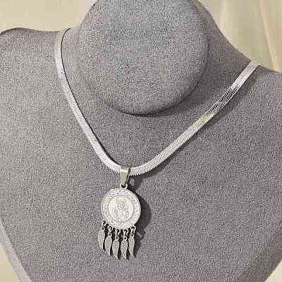 201 Stainless Steel Clear Cubic Zirconia Flat Round Virgin with Feather Pendant Necklaces NJEW-H055-04P-1