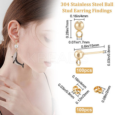 100Pcs 304 Stainless Steel Ball Stud Earring Findings STAS-BBC0002-42-1