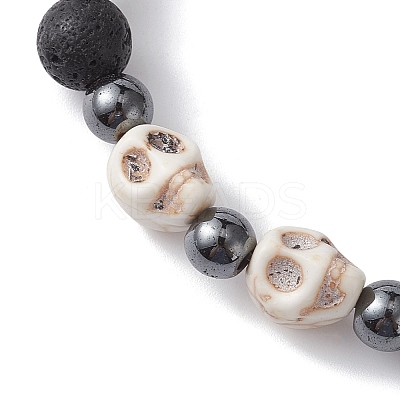 Halloween Skull Synthetic Turquoise & Round Lava Rock & Synthetic Non-Magnetic Hematite Beaded Stretch Bracelets for Women BJEW-JB10656-02-1