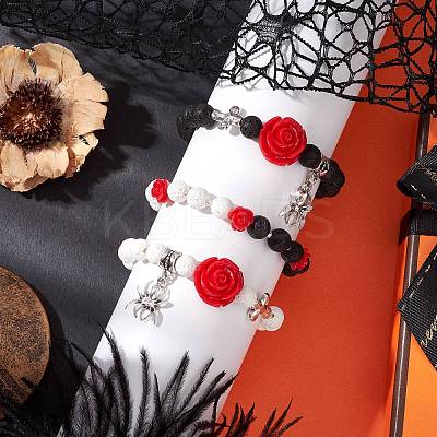 3Pcs Halloween Theme Natural & Synthetic Lava Rock Round Beads Stretch Bracelets BJEW-MZ00185-1