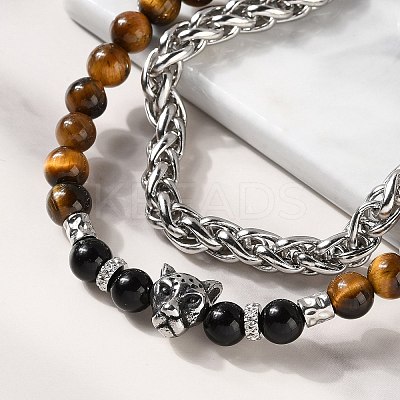 304 Stainless Steel Wheat Chain & Round Natural Tiger Eye and Natural Obsidian Beaded Double Strand Bracelets BJEW-C119-02-1