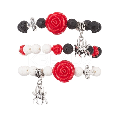 3Pcs Halloween Theme Natural & Synthetic Lava Rock Round Beads Stretch Bracelets BJEW-MZ00185-1