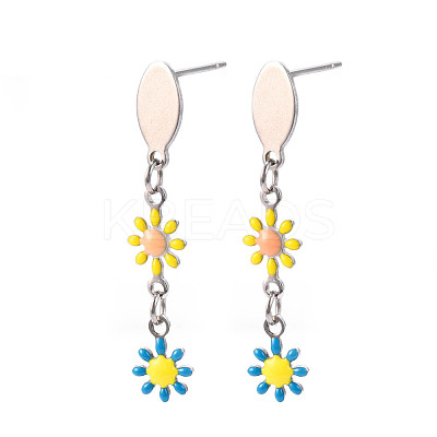 Flower Enamel Long Dangle Stud Earrings EJEW-N049-03A-1