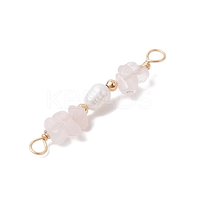 Natural Rose Quartz Chip & Natural Cultured Freshwater Pearl Rice Beaded Connector Charms PALLOY-JF03707-11-1