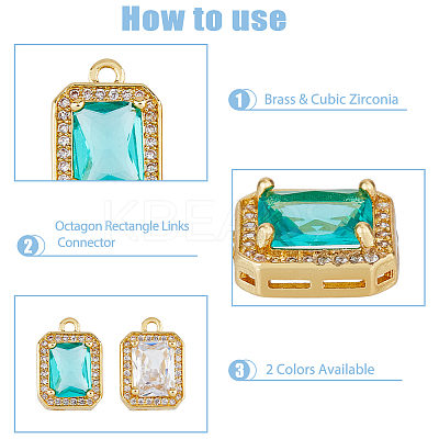 8Pcs 2 Colors Octagon Rectangle Brass Micro Pave Cubic Zirconia Charms KK-DC0002-81-1