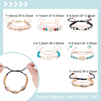 6Pcs 6 Styles Natural Turquoise & Cowrie Shell Braided Beads Bracelets Sets BJEW-GA0001-17-1