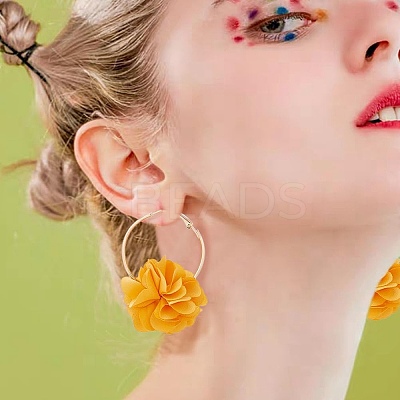 4 Pairs 4 Colors 3D Flower Cloth Hoop Earrings EJEW-AN0003-69-1