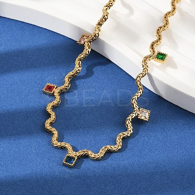 304 Stainless Steel Rope Chain Colorful Cubic Zirconia Tassel Necklaces for Women NJEW-V015-01G-B-1