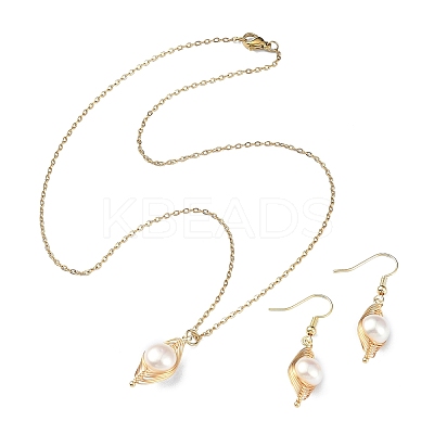 Natural Pearl Pendant Necklace & Dangle Earrings X-SJEW-JS01276-1