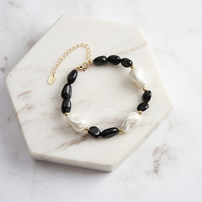 Natural Black Obsidian & Baroque Shell Pearl Beaded Bracelets BJEW-L692-005G-1