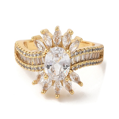 Oval Brass Micro Pave Cubic Zirconia Open Cuff Rings RJEW-U008-04C-G-1