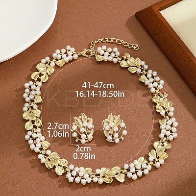 Ginkgo Leaf Zinc Alloy & Plastic Imitation Pearl Link Chain Necklace & Stud Earring Sets FS-WG12076-01-1