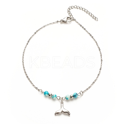 304 Stainless Steel Mixed Shape Charm Anklet with Round Natural White Jade Beads for Women AJEW-AN00498-1