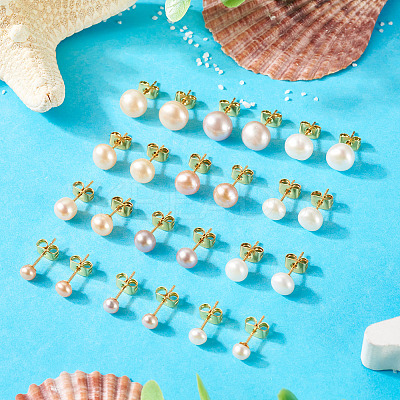 6Pcs 3 Colors Natural Cultured Freshwater Pearl Stud Earrings EJEW-TAC00027-1