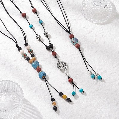 3Pcs 3 Styles Retro Glass & Porcelain & Alloy Snake Adjustable Nylon Cord Y Necklaces for Women NJEW-JN05360-1