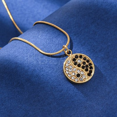 304 Stainless Steel Crystal & Jet Rhinestone Yin-yang Pendant Round Snake Chain Necklaces for Women NJEW-Z044-12G-1