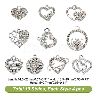 40Pcs 10 Styles Alloy Rhinestone Pendants ALRI-AR0001-09-1