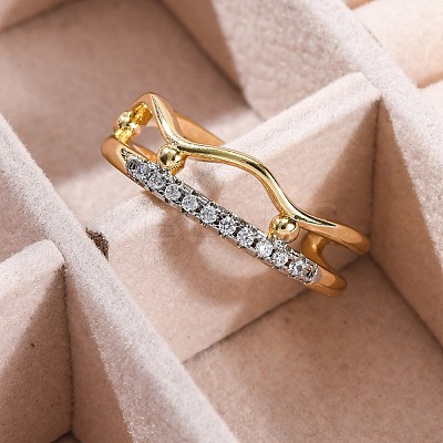 Brass Micro Pave Clear Cubic Zirconia Cuff Finger Rings for Women RJEW-C116-14G-1