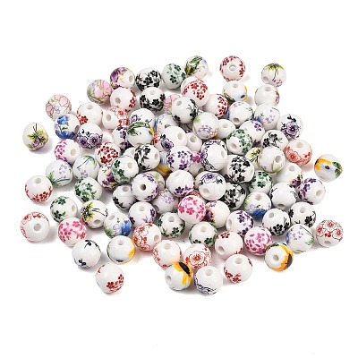 Printed Floral Printed Porcelain Beads PORC-T137-01B-1