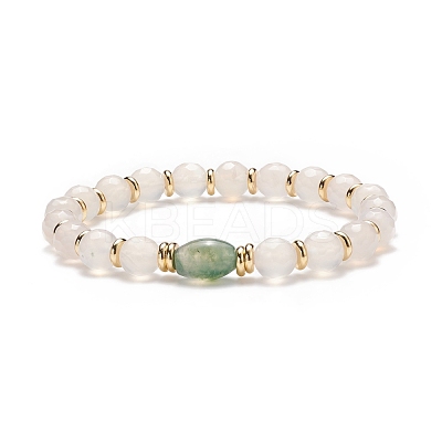 Natural Moss Agate Oval & White Agate Beaded Stretch Bracelet BJEW-JB08696-1