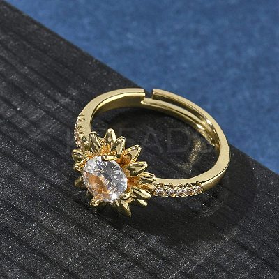 Flower Brass with Clear Cubic Zirconia Finger Rings for Women RJEW-Z111-01G-1