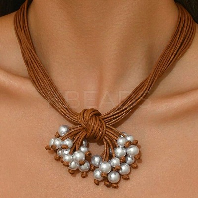 Bohemian Style Round Plastic Pearl & Resin Pendant Multi-Strand Waxed Cord Necklaces with Alloy End Chains FS-WG9073E-01-1