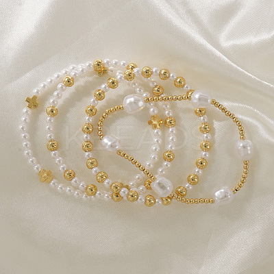 4Pcs 4 Styles Elegant Imitation Pearl & Brass Beads Stretch Bracelets for Women YV1811-1-1
