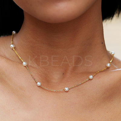 201 Stainless Steel Chain Necklace with Imitation Pearl Beaded for Women ZY9444-1
