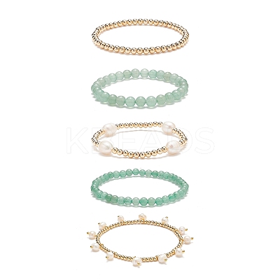 5Pcs 5 Style Natural Green Aventurine & Brass Beaded Stretch Bracelets Set BJEW-JB08870-03-1