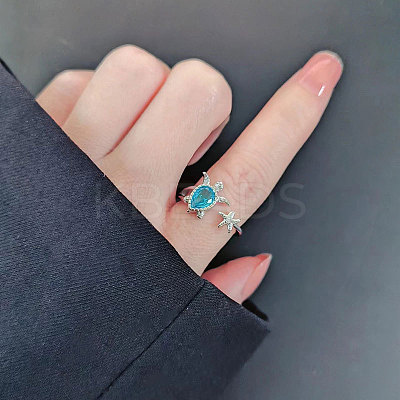 Brass Micro Pave Cubic Zirconia Sea Turtle & Starfish Cuff Ring PW-WGF4995-01-1