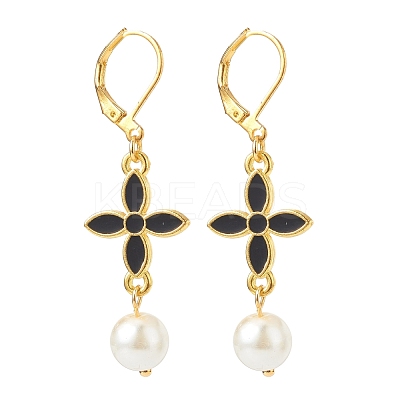 Alloy Enamel Clover with Glass Pearl Long Dangle Leverback Earrings EJEW-JE05053-02-1