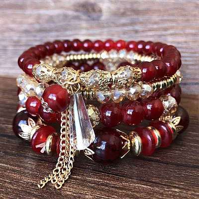 4Pcs 4 Styles Bohemian Style Alloy Glass Round Beaded Stretch Bracelets FS-WG80D8B-01-1
