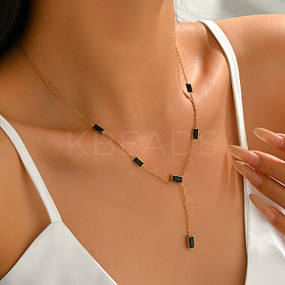 Stainless Steel & Black Rectangle Block Y-shaped Tassel Necklaces for Daily and Formal Wear LS-UV0910-1