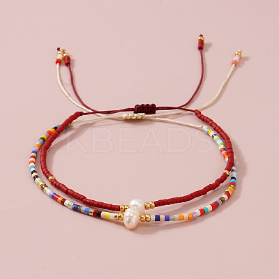 2Pcs Vintage Glass Seed Bead & Plastic Imitation Pear Beads Braided Bead Bracelets for Women JF2280-2-1
