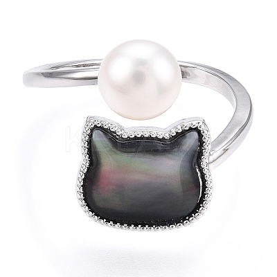 Natural Pearl Finger Open Cuff Ring with Black Shell PEAR-N022-C01-1