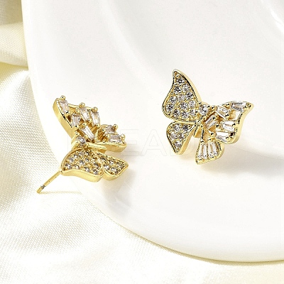 Brass Clear Cubic Zirconia Butterfly Stud Earrings EJEW-L261-029C-G-1