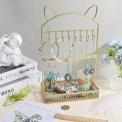 1Pc Cat Ear Iron Jewelry Organizer Display Stands with Wooden Base ODIS-SC0001-02-1