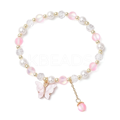 Frosted Dyed Synthetic Moonstone & Shell Pearl Round Beads Stretch Bracelets BJEW-JB11822-01-1